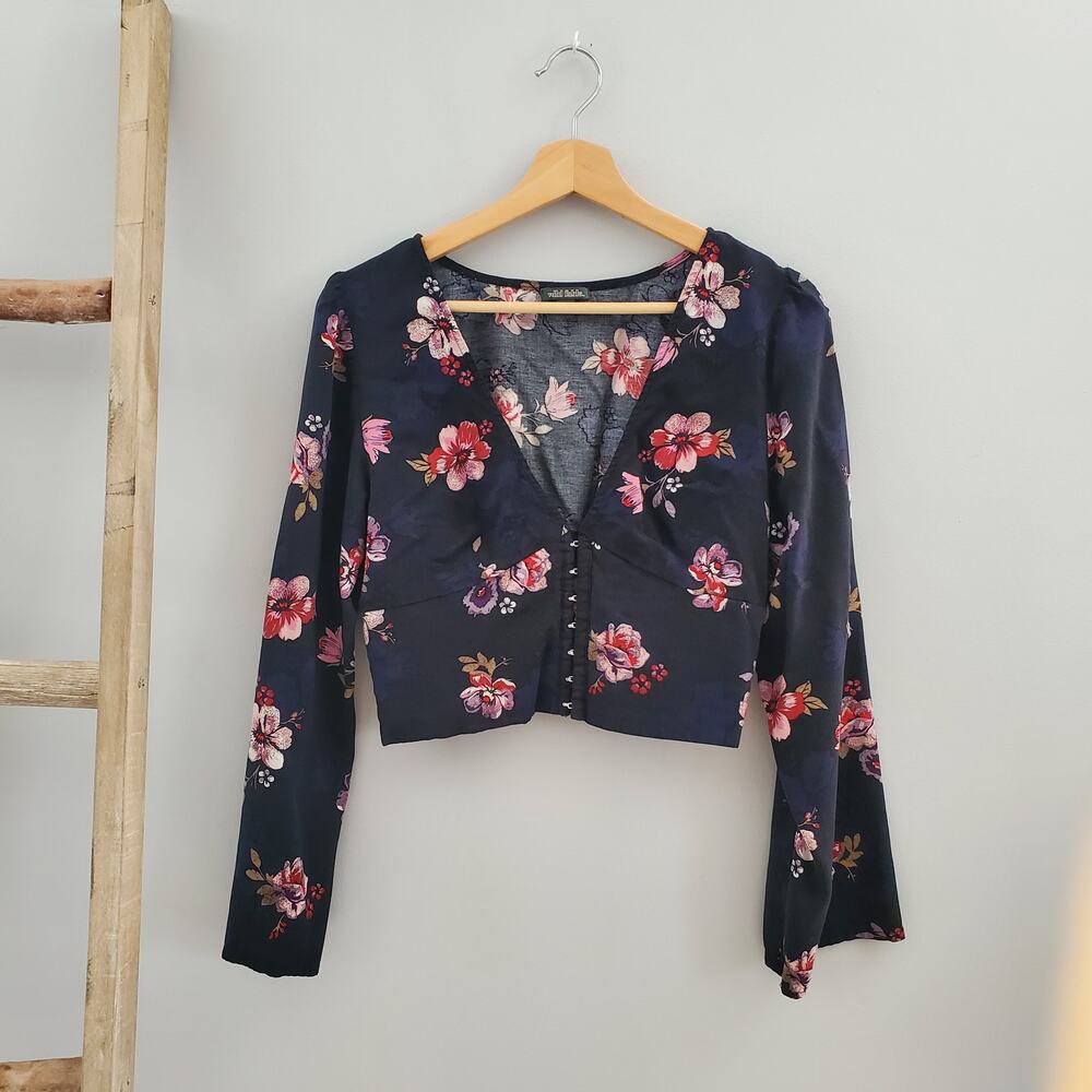 Wild Fable Black Floral Print Angel Sleeve Bustier Crop Top Size L